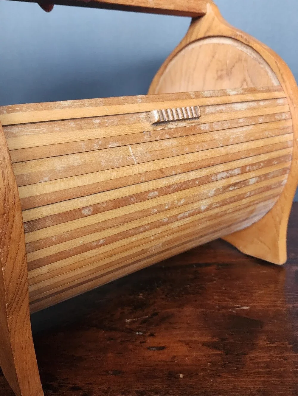Vintage 40s Wood Roll Top Sewing Box Free Standing Slatted Tambour Door 11x9x11